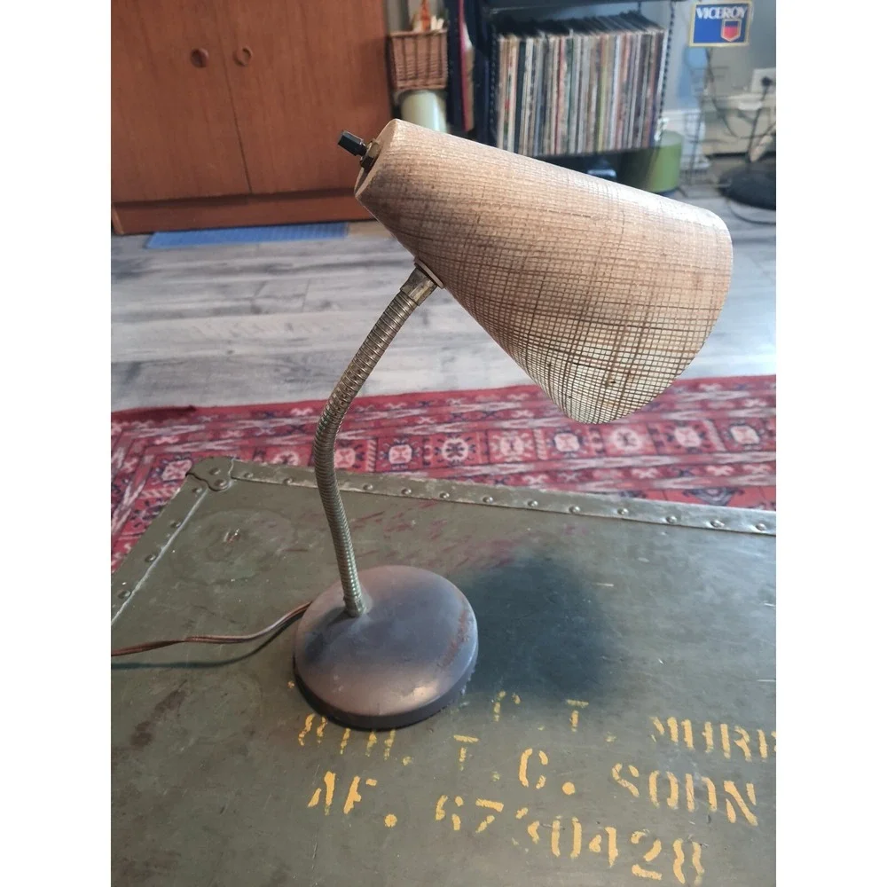 Vintage Mid Century Modern Gooseneck Lamp Light Fiberglass Rattan Tiki Shade